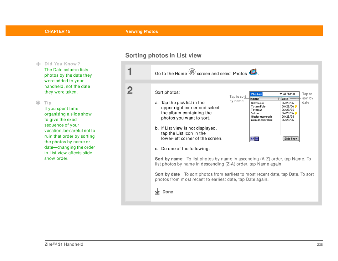 Palm Zire 31 manual Sorting photos in List view, Tap the pick list 
