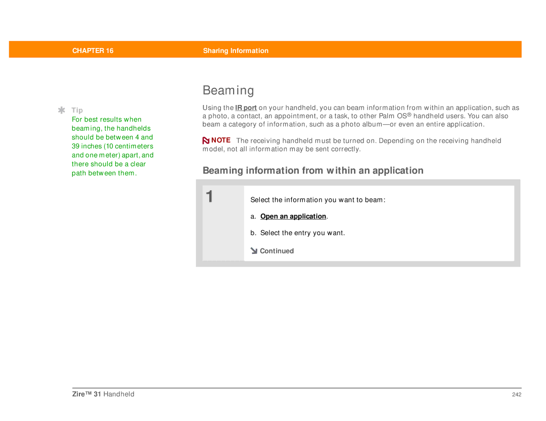 Palm Zire 31 manual Beaming information from within an application 