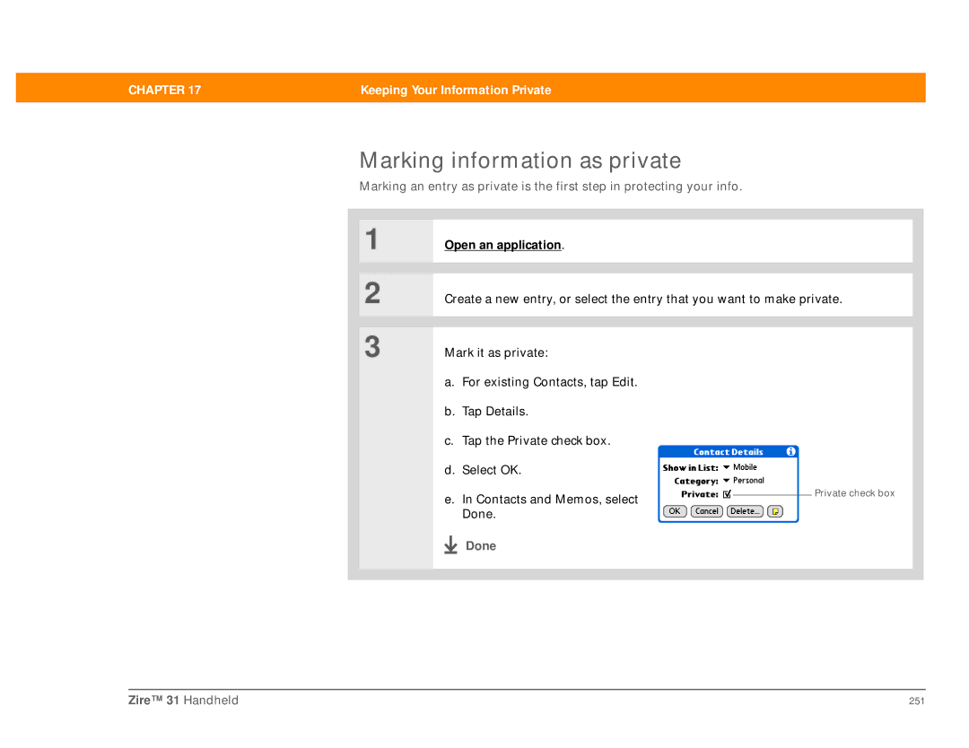 Palm manual Marking information as private, Done Zire 31 Handheld 