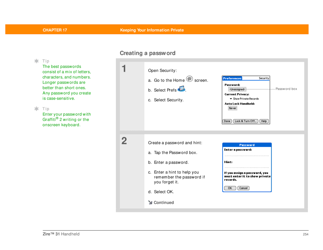 Palm Zire 31 manual Creating a password 