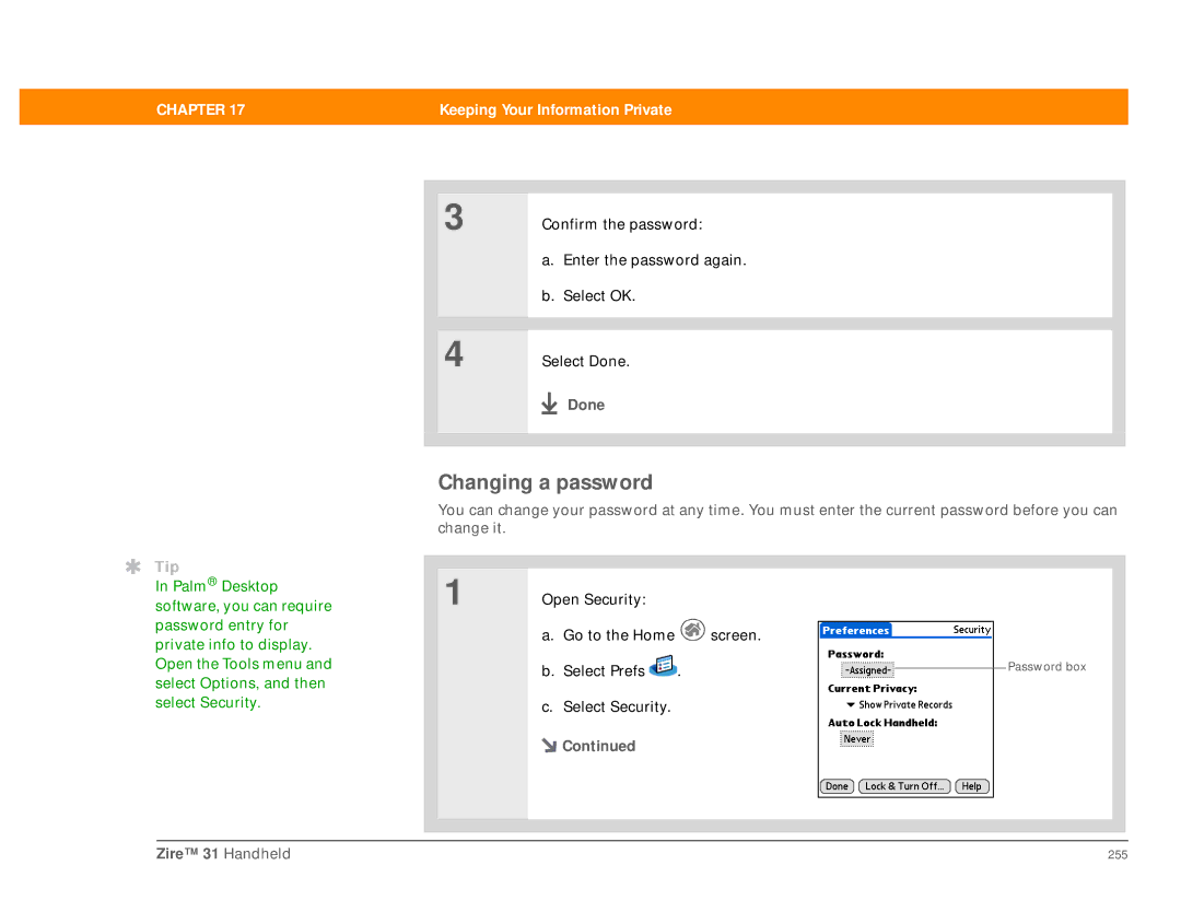 Palm Zire 31 manual Changing a password 