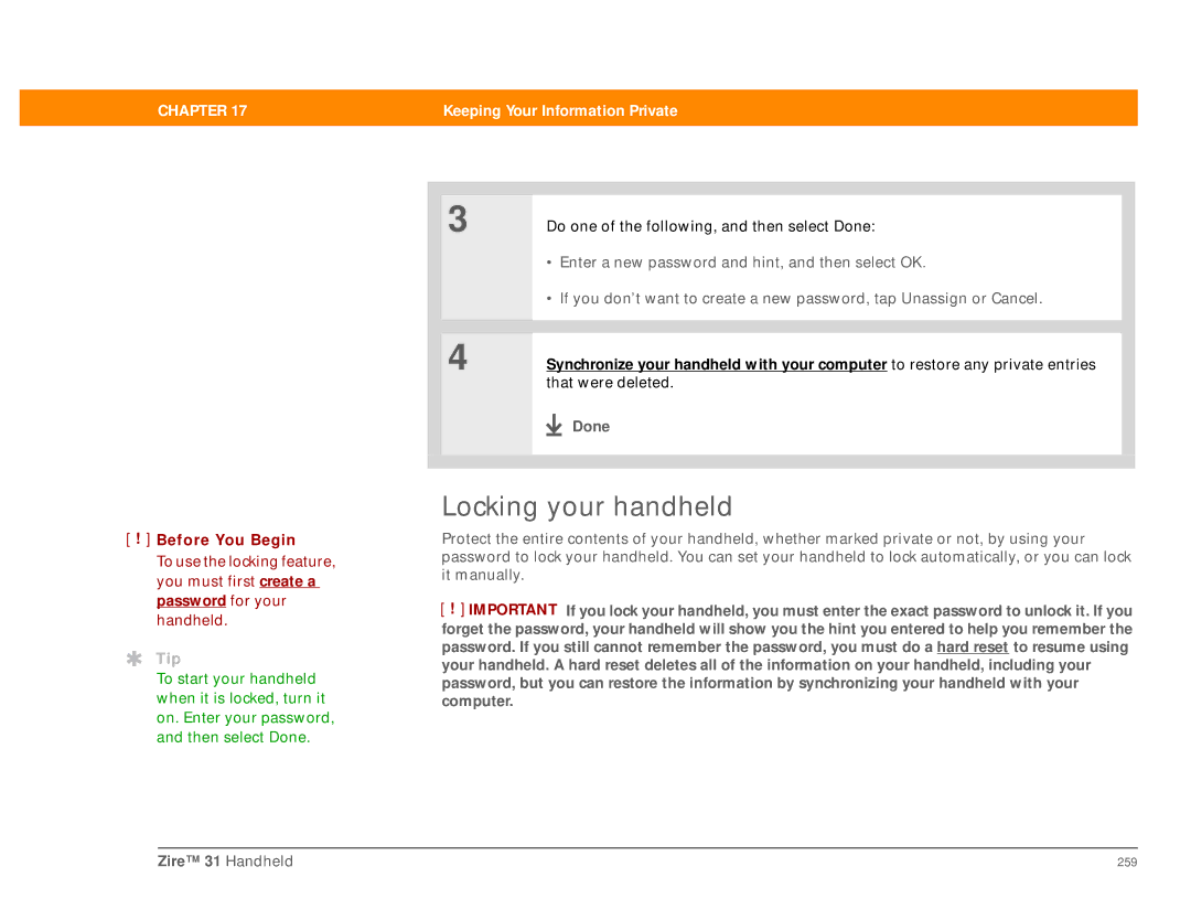 Palm Zire 31 manual Locking your handheld 