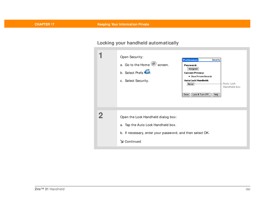 Palm Zire 31 manual Locking your handheld automatically 