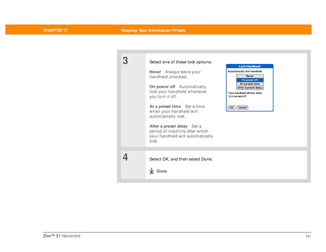 Palm Zire 31 manual Select one of these lock options 
