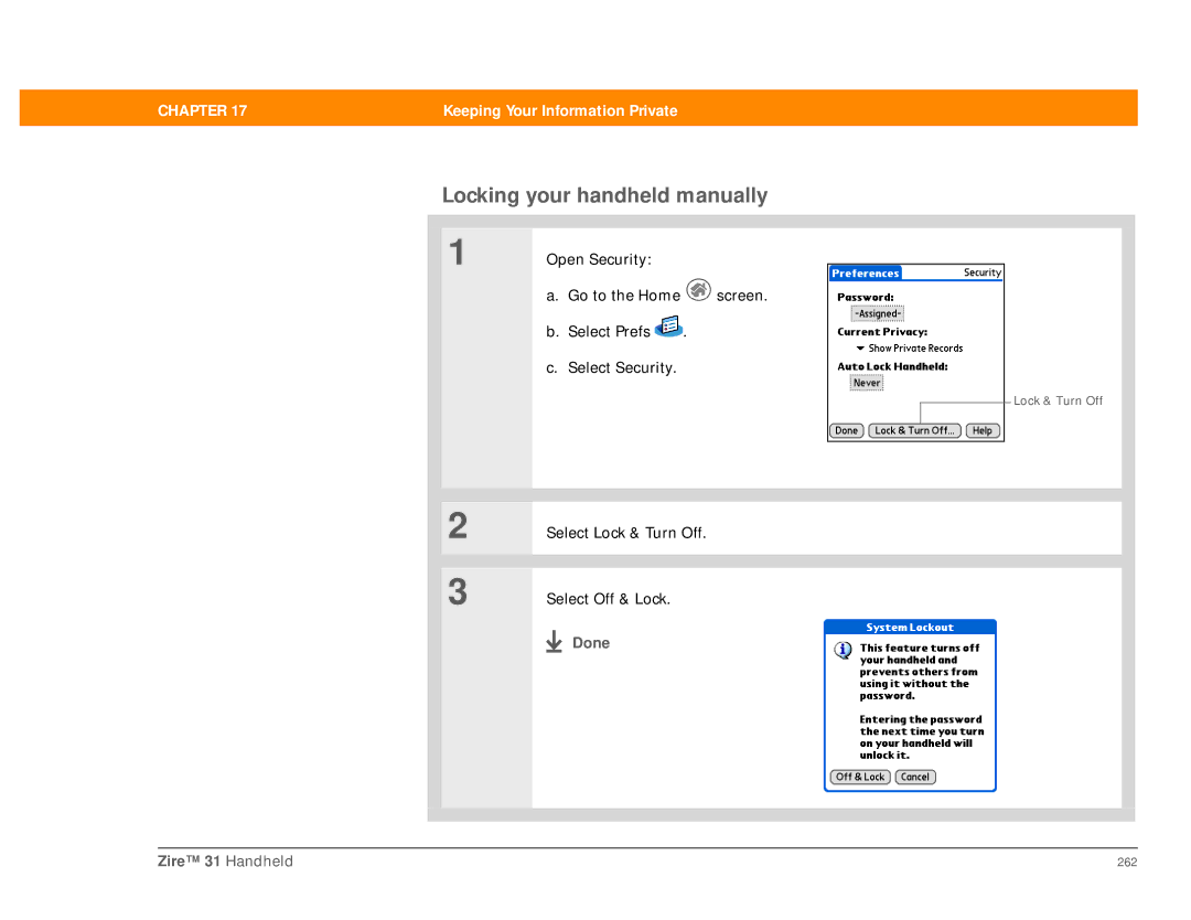 Palm Zire 31 Locking your handheld manually 