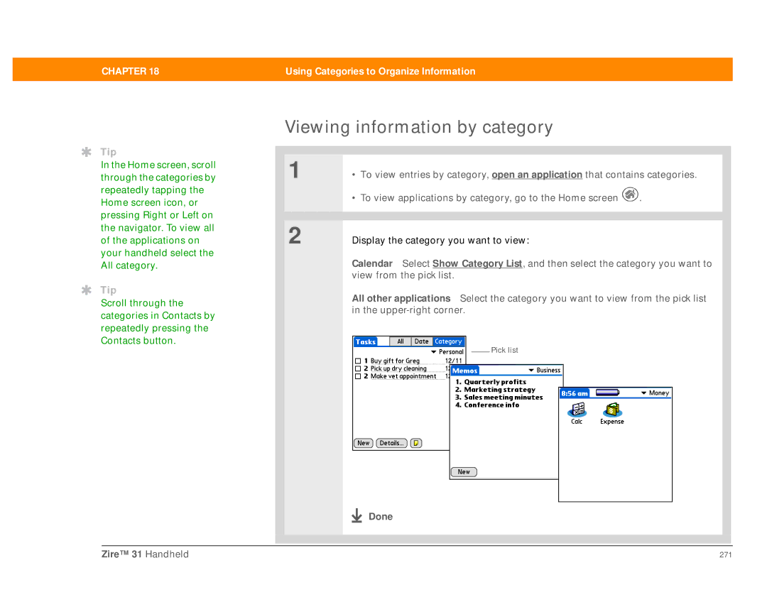 Palm Zire 31 manual Viewing information by category 