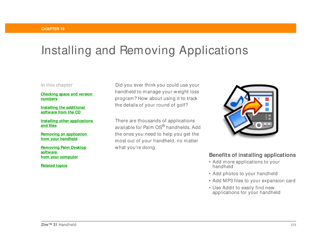 Palm Zire 31 manual Installing and Removing Applications, Benefits of installing applications 