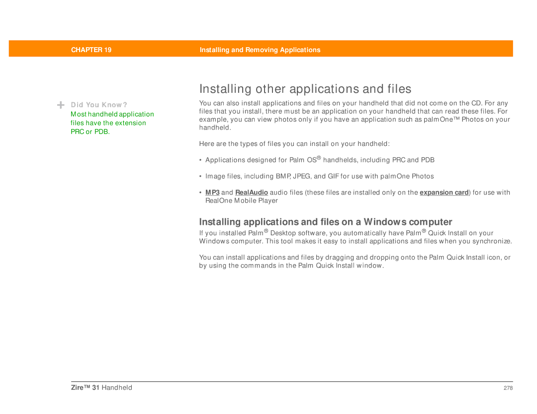 Palm Zire 31 manual Installing other applications and files, Installing applications and files on a Windows computer 