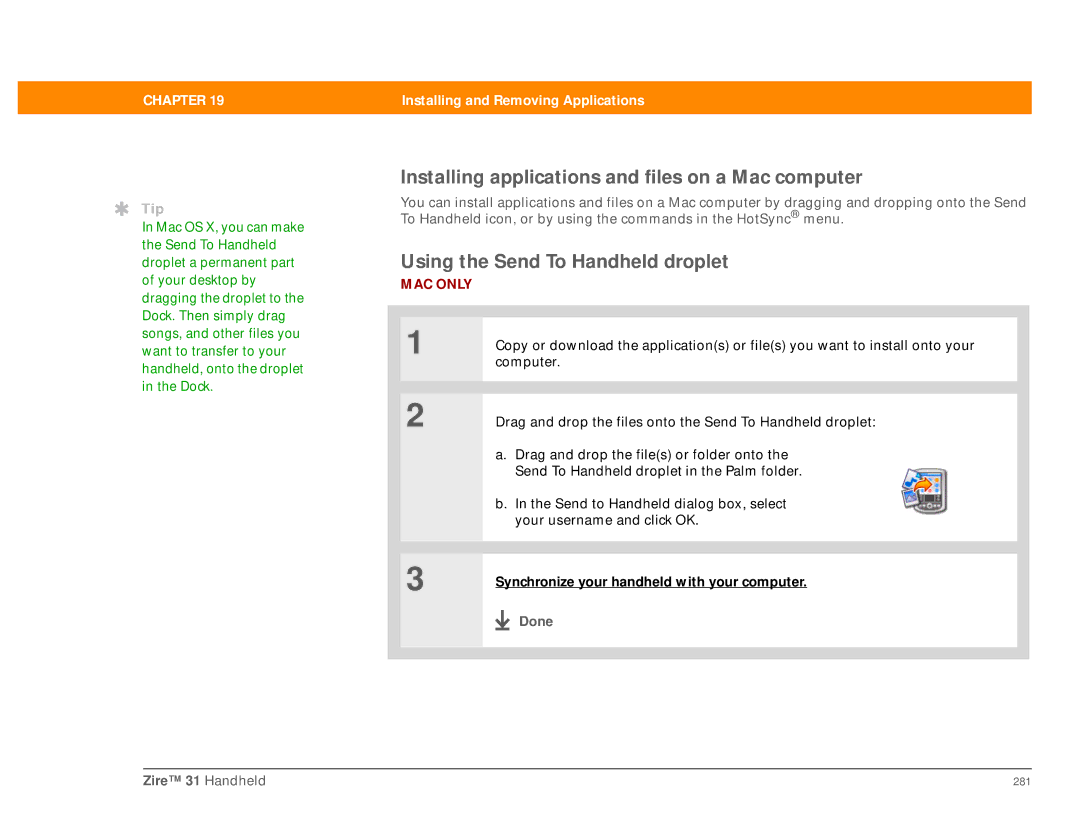 Palm Zire 31 manual Installing applications and files on a Mac computer, Using the Send To Handheld droplet 