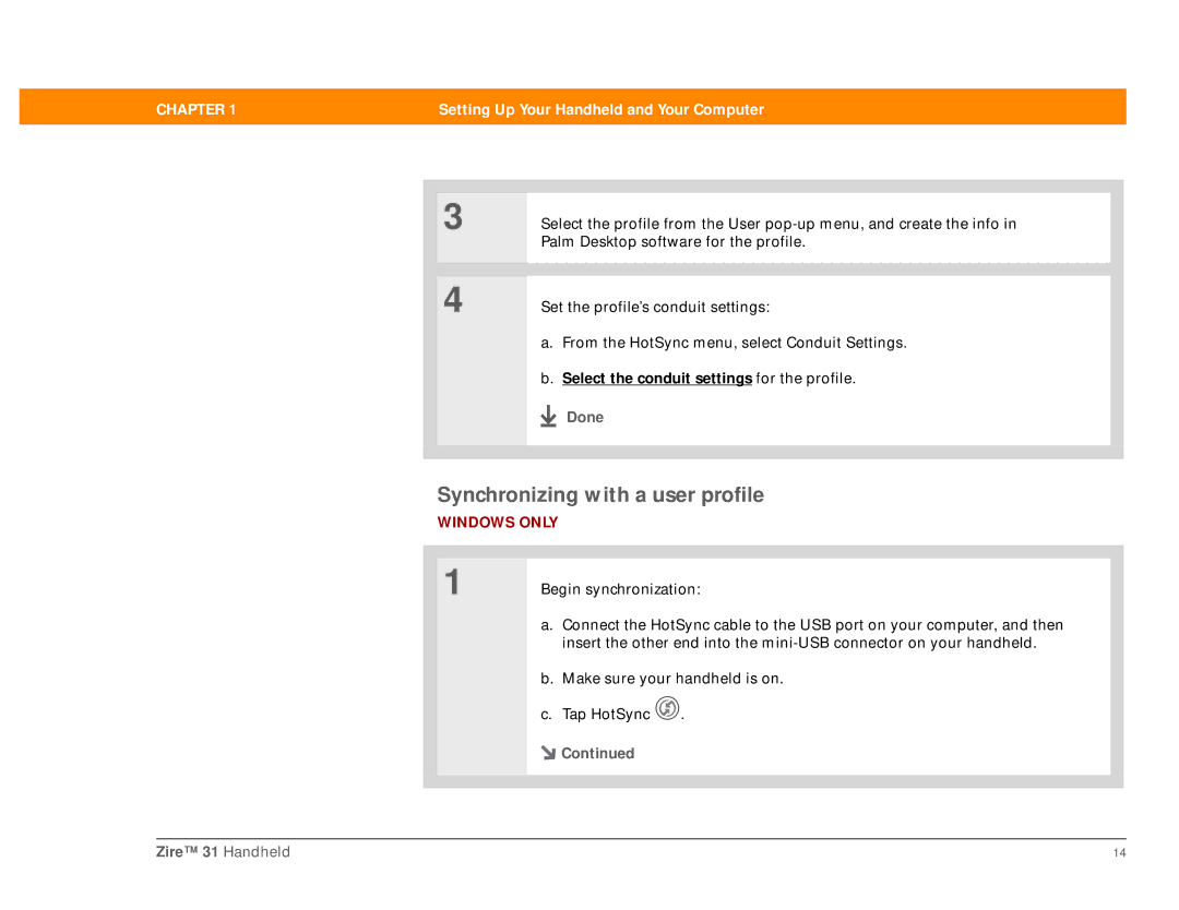 Palm Zire 31 manual Synchronizing with a user profile, Done 