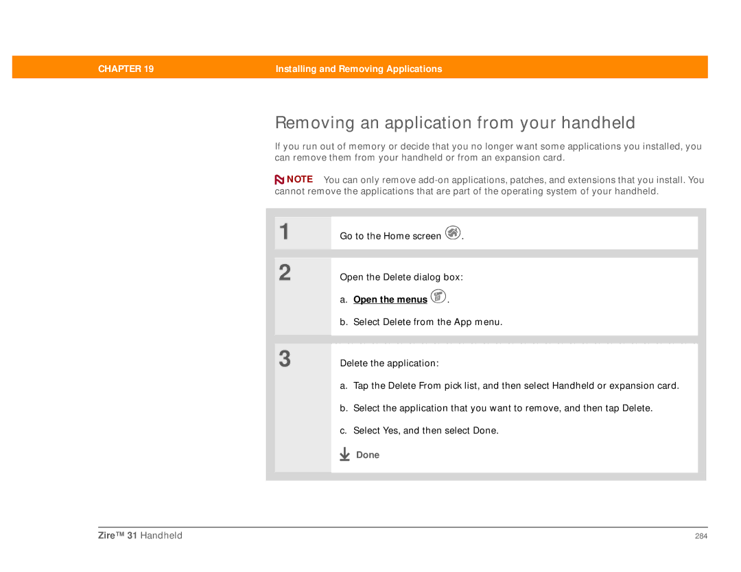 Palm Zire 31 manual Removing an application from your handheld 