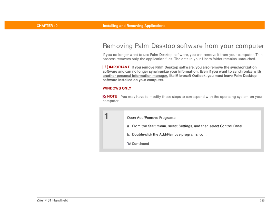 Palm Zire 31 manual Removing Palm Desktop software from your computer 