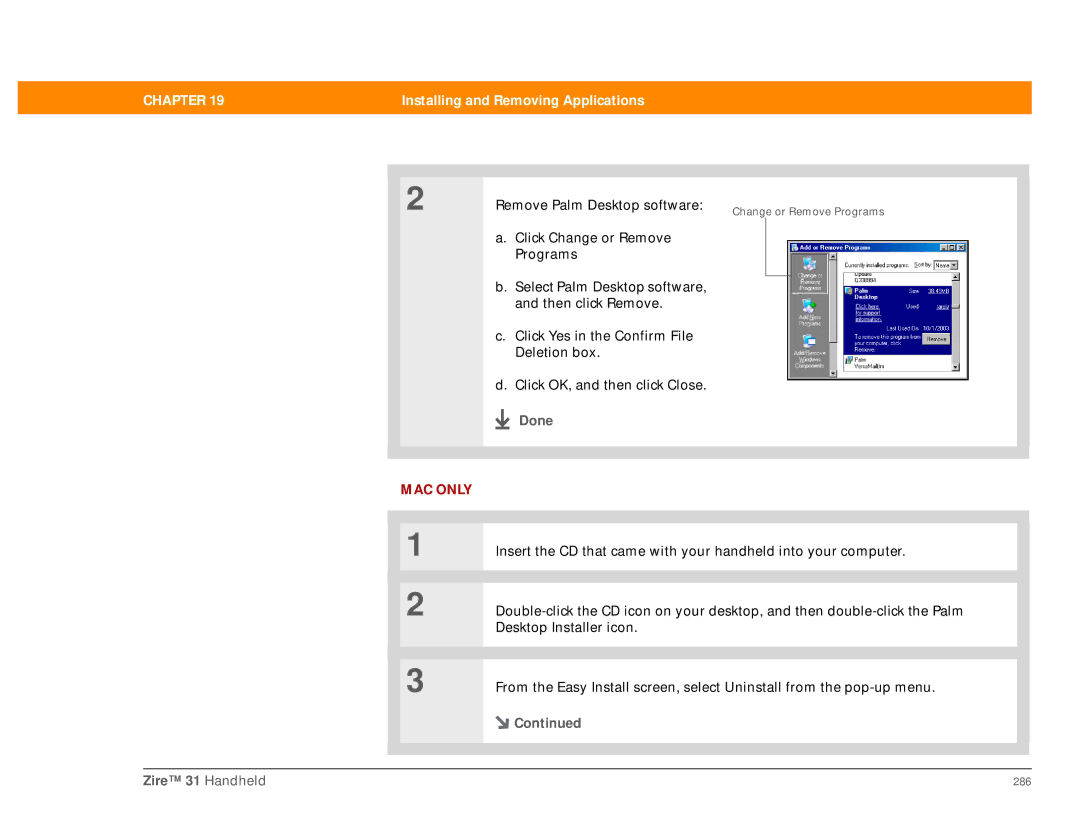 Palm Zire 31 manual Remove Palm Desktop software 