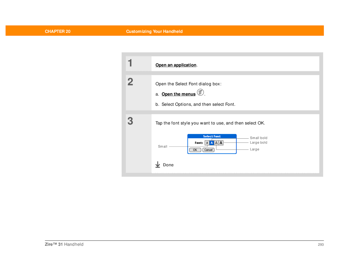 Palm Zire 31 manual Open the Select Font dialog box 