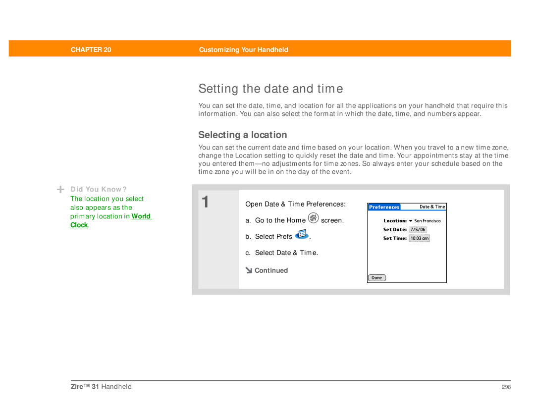 Palm Zire 31 manual Setting the date and time, Selecting a location 