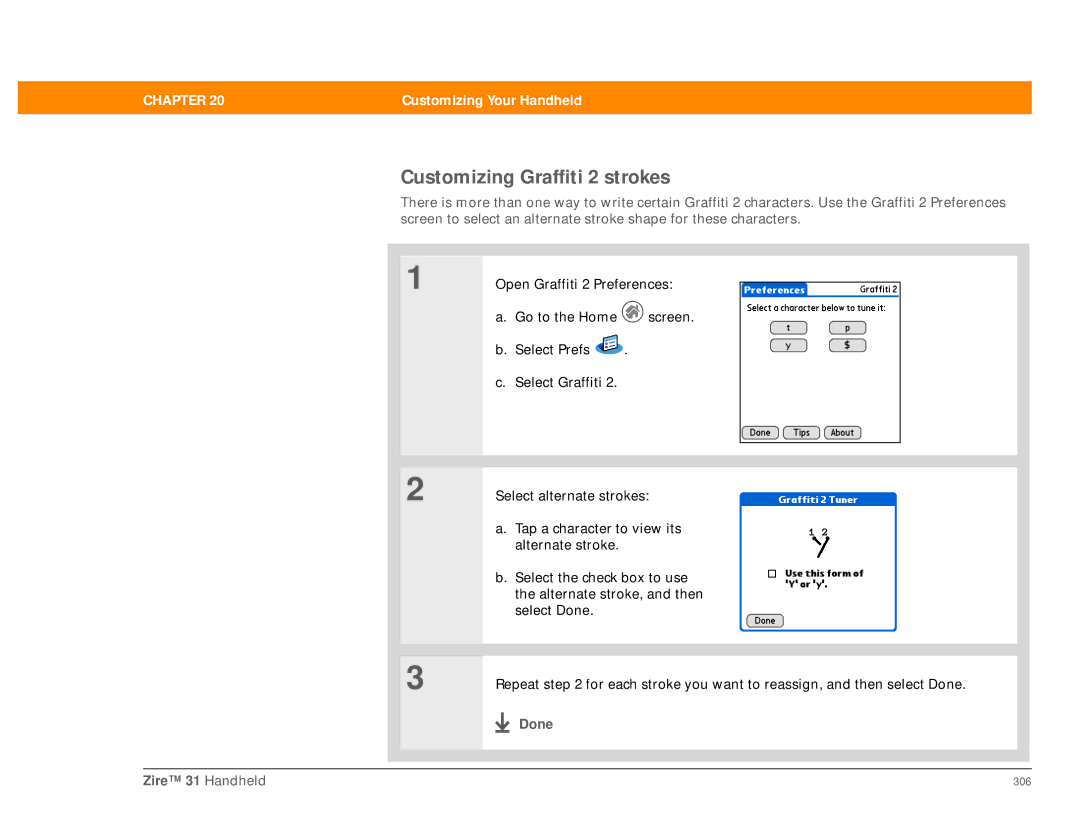 Palm Zire 31 manual Customizing Graffiti 2 strokes 