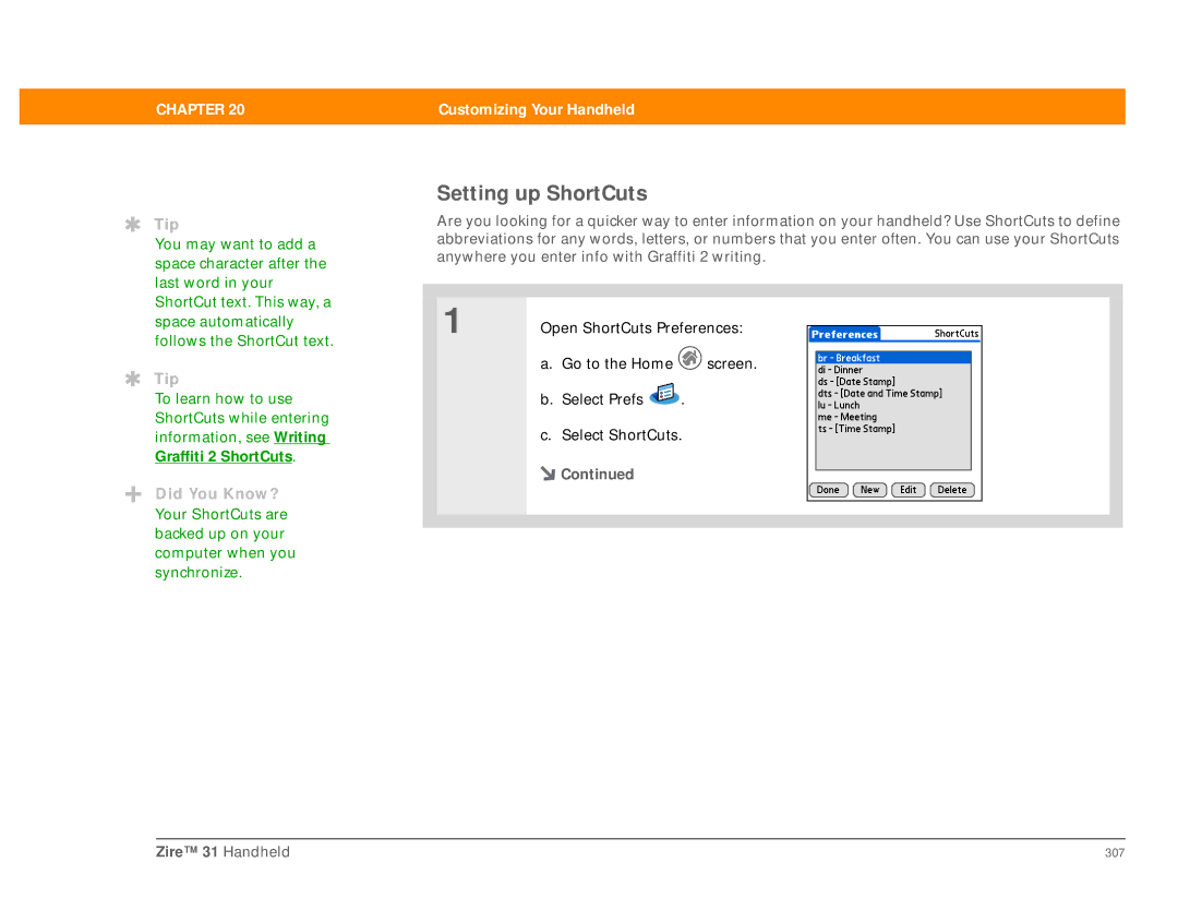 Palm Zire 31 manual Setting up ShortCuts 