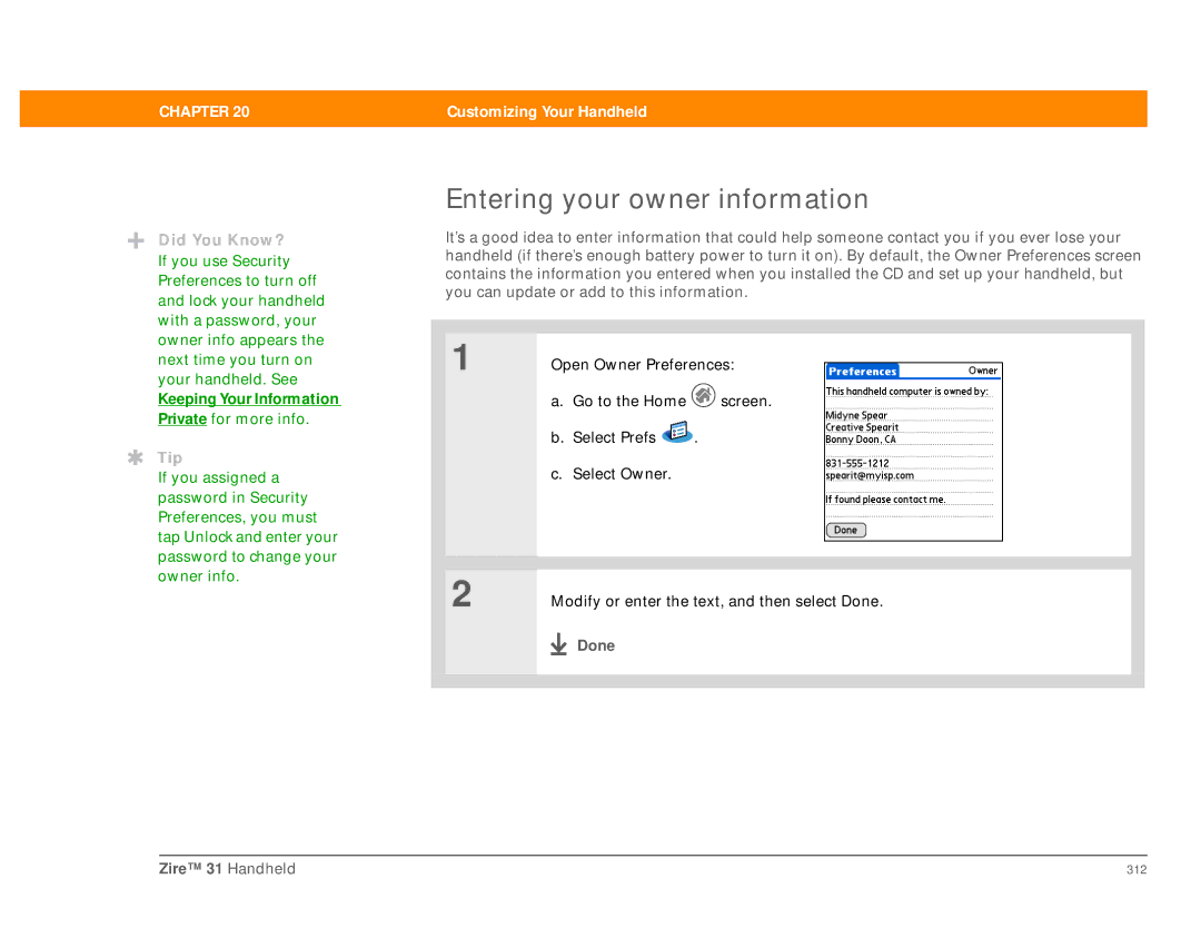 Palm Zire 31 manual Entering your owner information, Done 