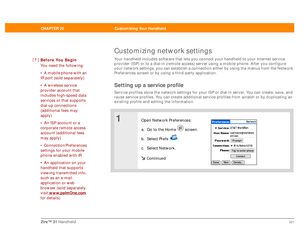 Palm Zire 31 manual Customizing network settings, Setting up a service profile 