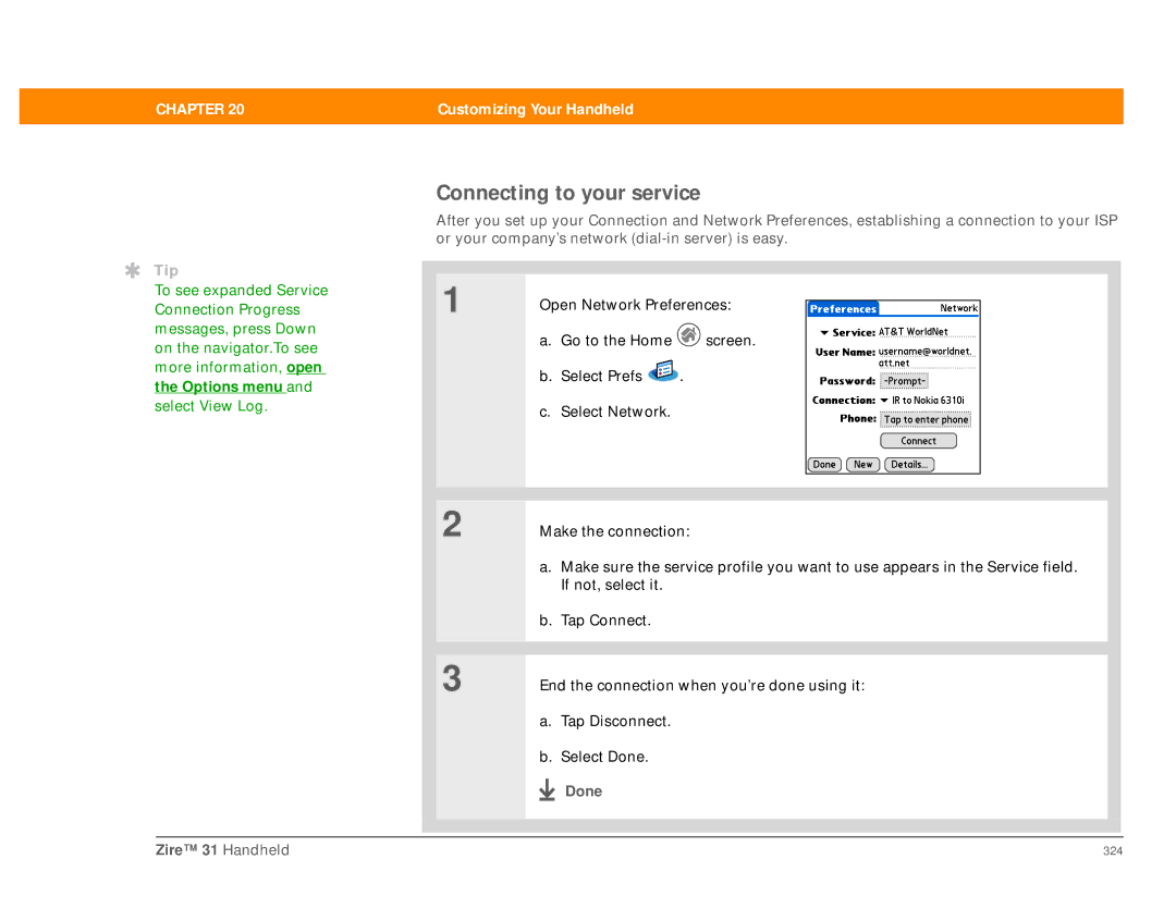 Palm Zire 31 manual Connecting to your service, Done 