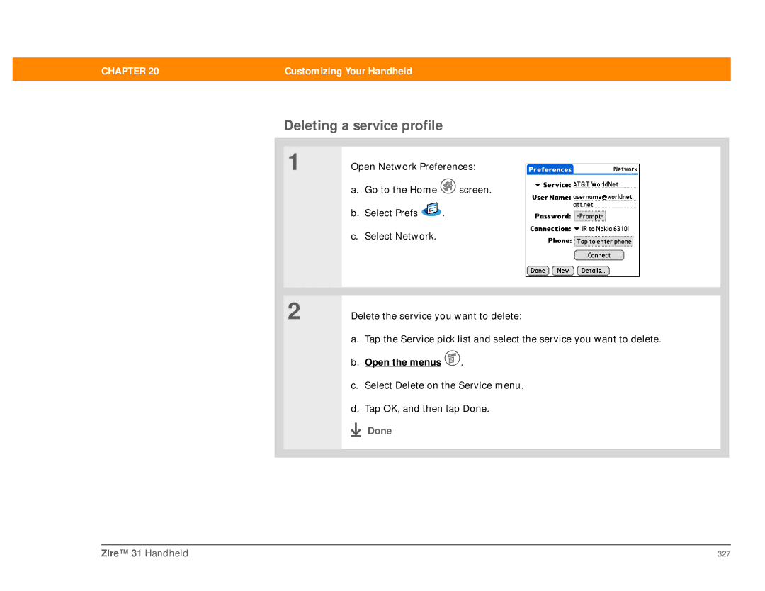 Palm Zire 31 manual Deleting a service profile 