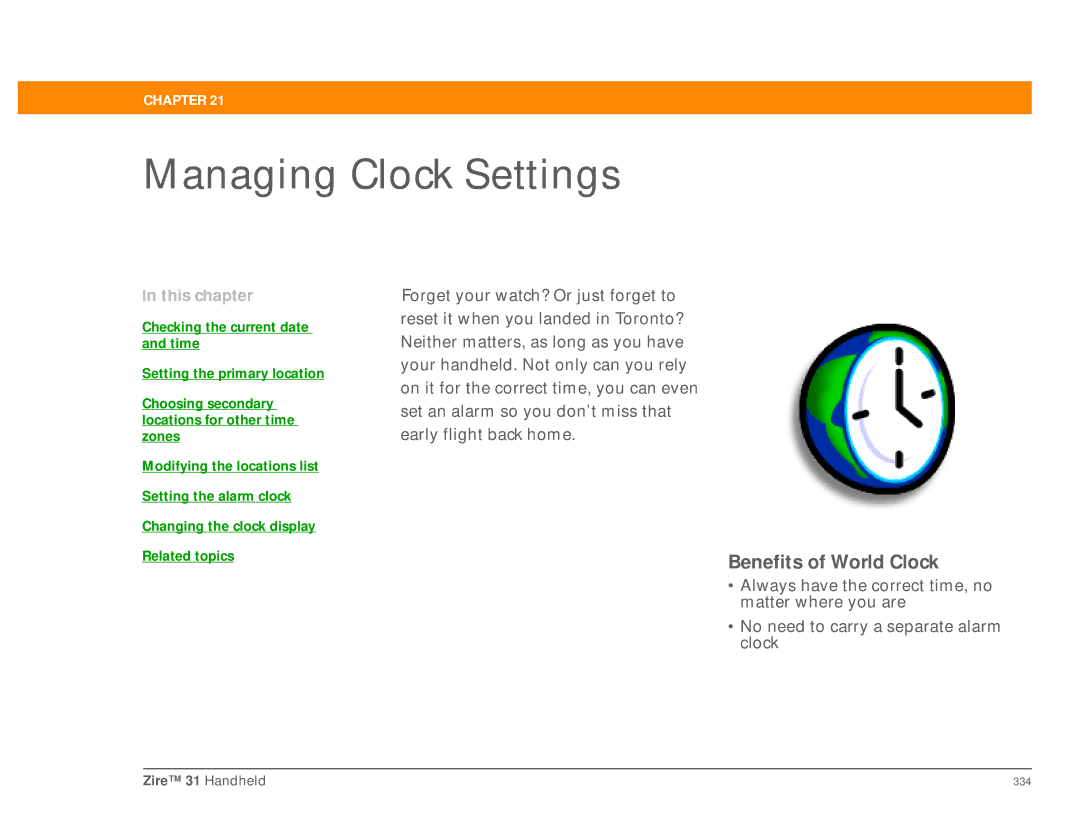 Palm Zire 31 manual Managing Clock Settings, Benefits of World Clock 