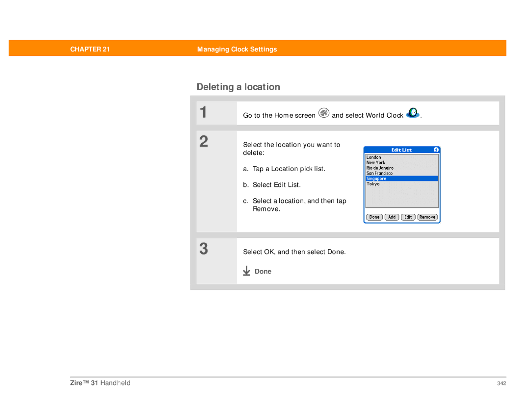 Palm Zire 31 manual Deleting a location, Done 