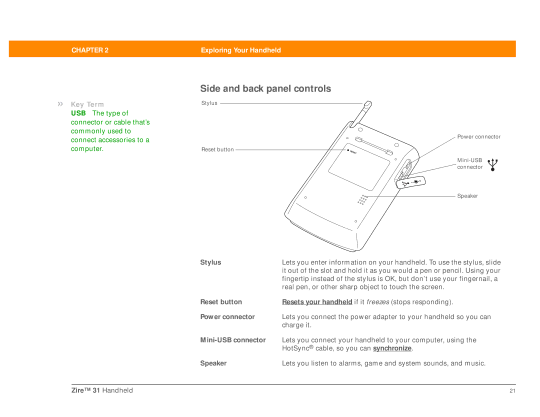 Palm Zire 31 manual Side and back panel controls 