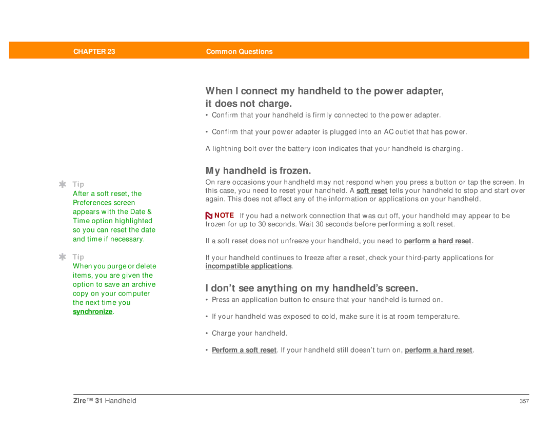 Palm Zire 31 manual My handheld is frozen, Don’t see anything on my handheld’s screen 