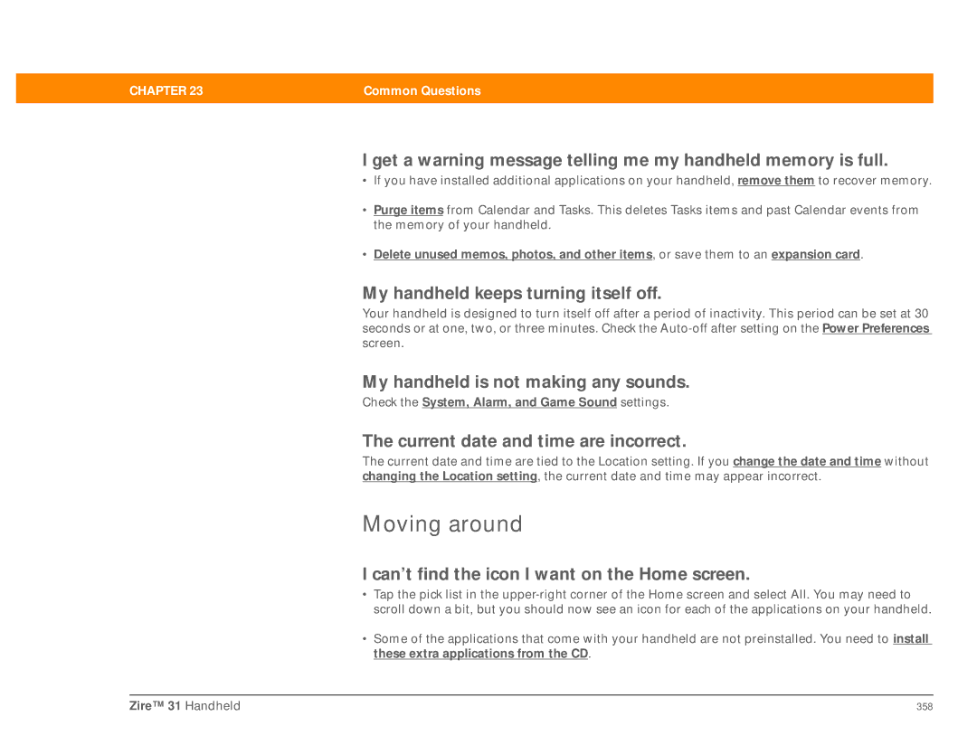 Palm Zire 31 manual Moving around 