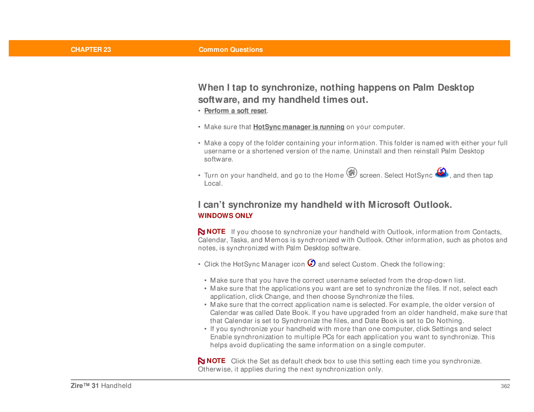 Palm Zire 31 manual Can’t synchronize my handheld with Microsoft Outlook, Perform a soft reset 