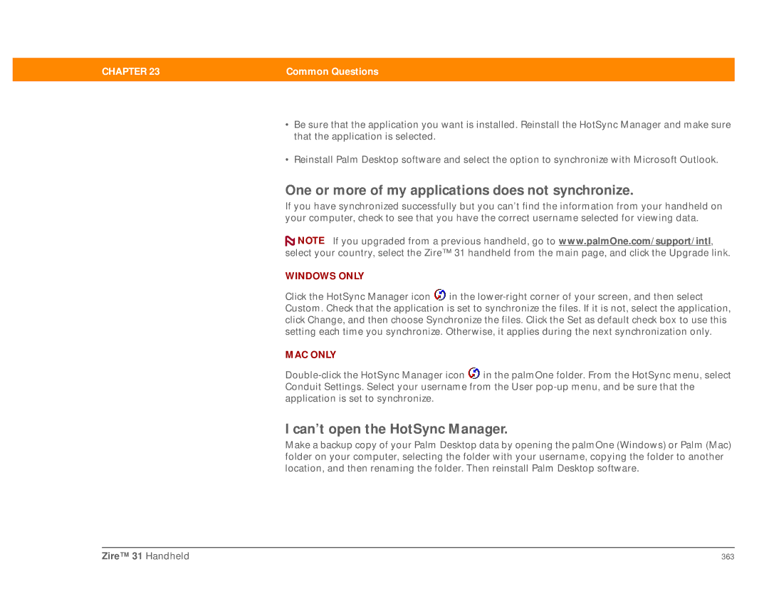 Palm Zire 31 manual One or more of my applications does not synchronize, Can’t open the HotSync Manager 