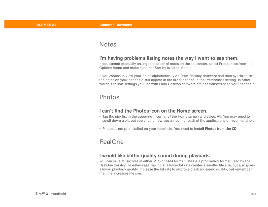 Palm Zire 31 manual Photos, RealOne, ’m having problems listing notes the way I want to see them 