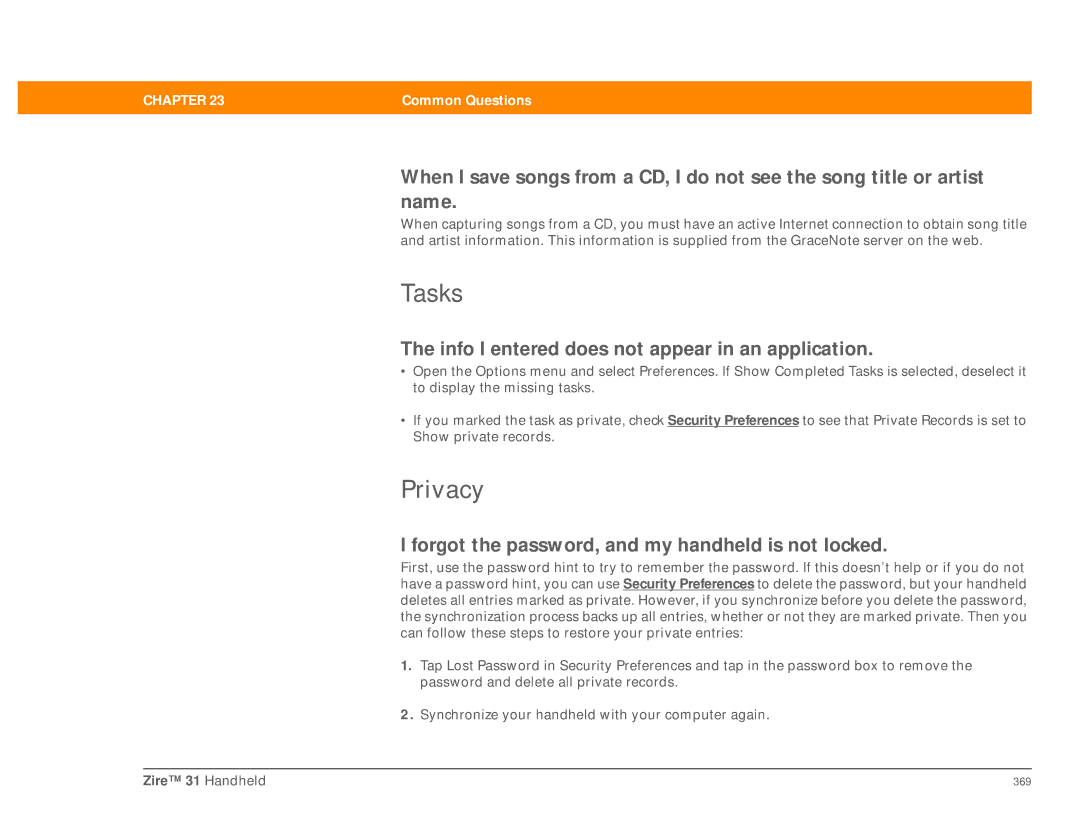 Palm Zire 31 manual Tasks, Privacy, Forgot the password, and my handheld is not locked 