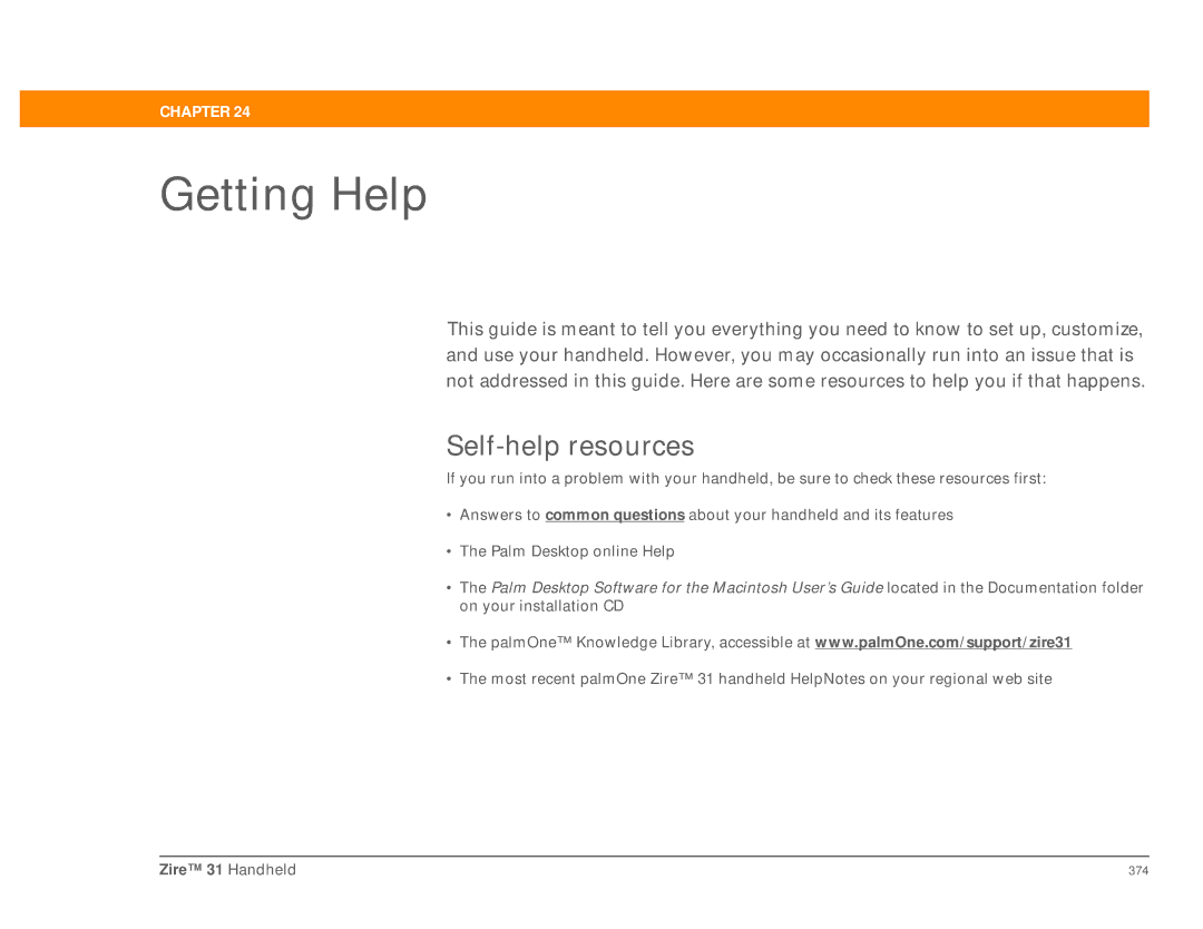 Palm Zire 31 manual Getting Help, Self-help resources 