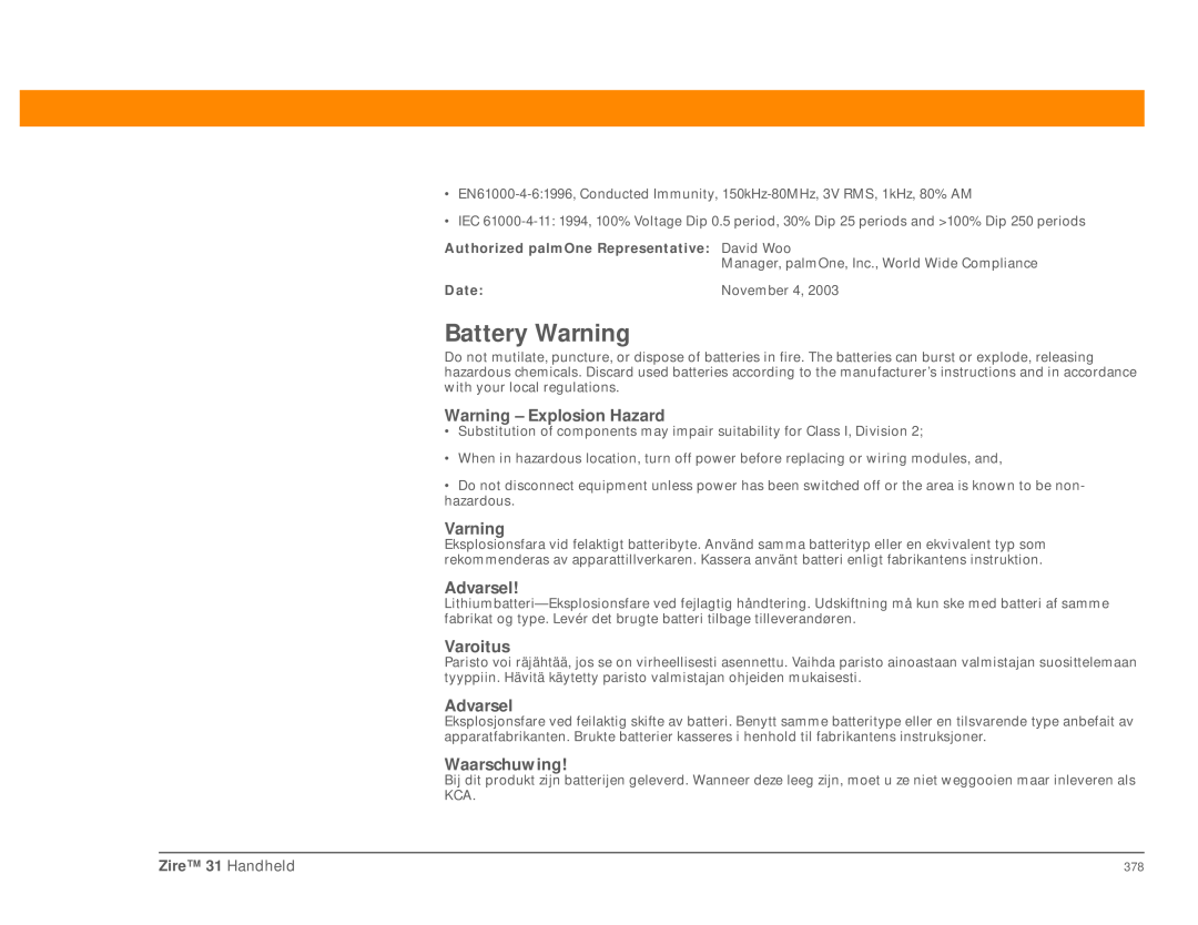 Palm Zire 31 manual Battery Warning 