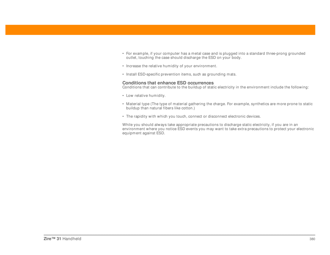 Palm Zire 31 manual Conditions that enhance ESD occurrences 