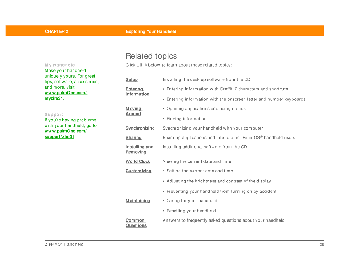Palm Zire 31 manual Setup, Entering, Information, Moving, Around, Sharing, Removing World Clock, Maintaining 