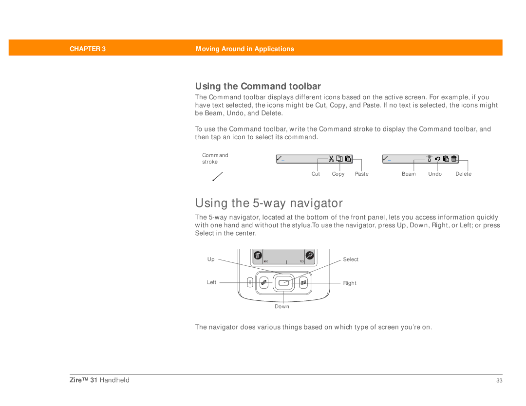 Palm Zire 31 manual Using the 5-way navigator, Using the Command toolbar 