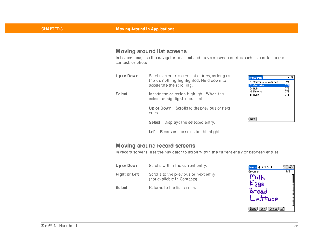 Palm Zire 31 manual Moving around list screens, Moving around record screens, Up or Down 