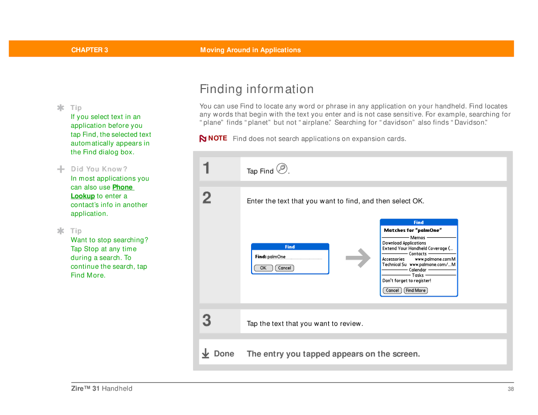 Palm Zire 31 manual Finding information, Tap the text that you want to review 
