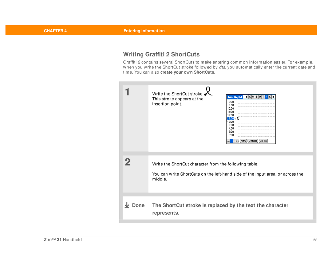 Palm Zire 31 manual Writing Graffiti 2 ShortCuts 