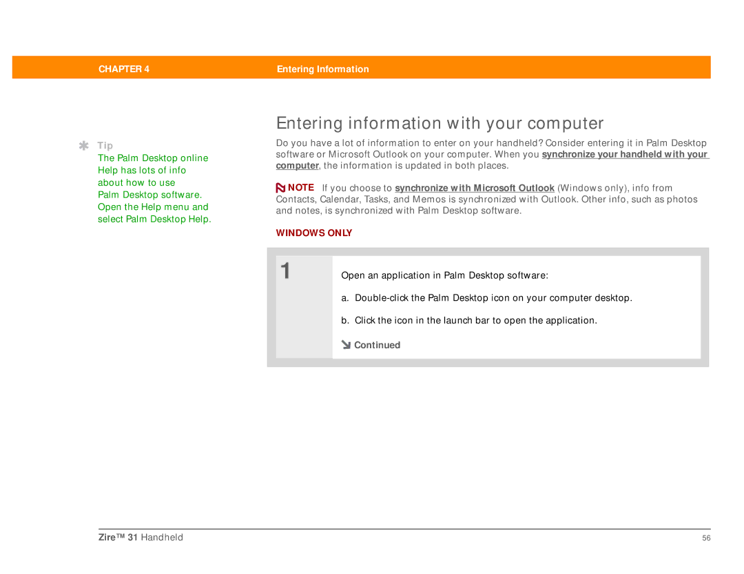 Palm Zire 31 manual Entering information with your computer 