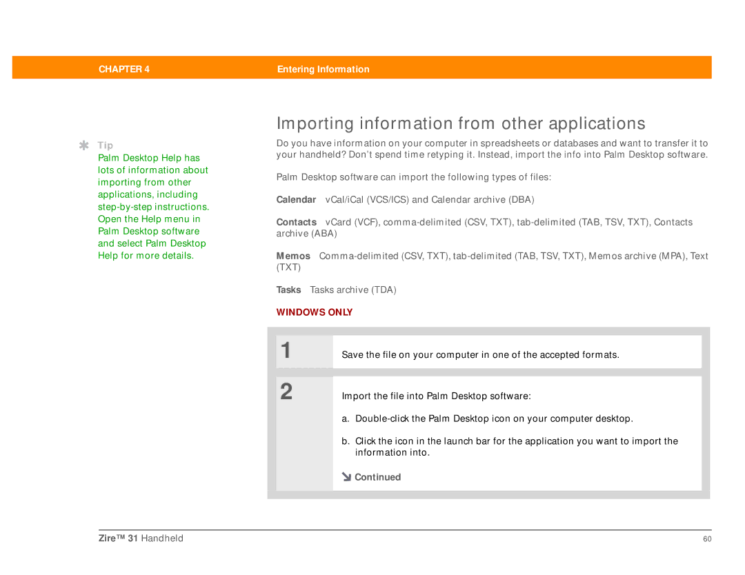 Palm Zire 31 manual Importing information from other applications 