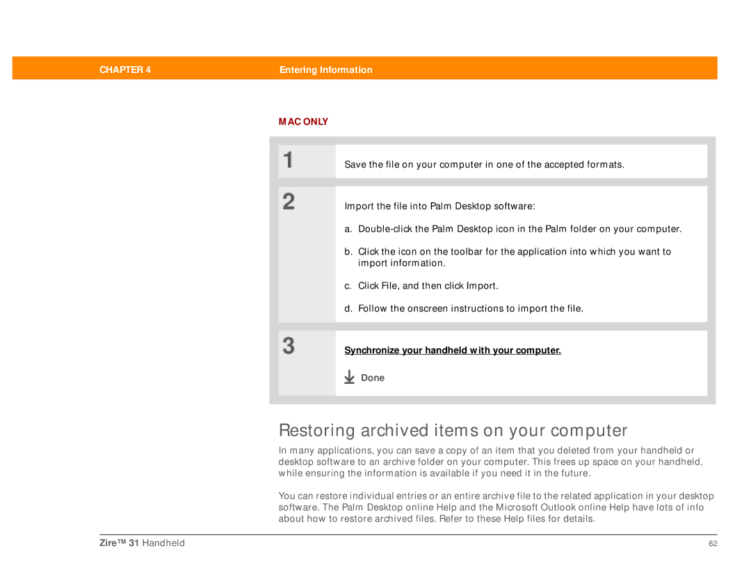 Palm Zire 31 manual Restoring archived items on your computer 