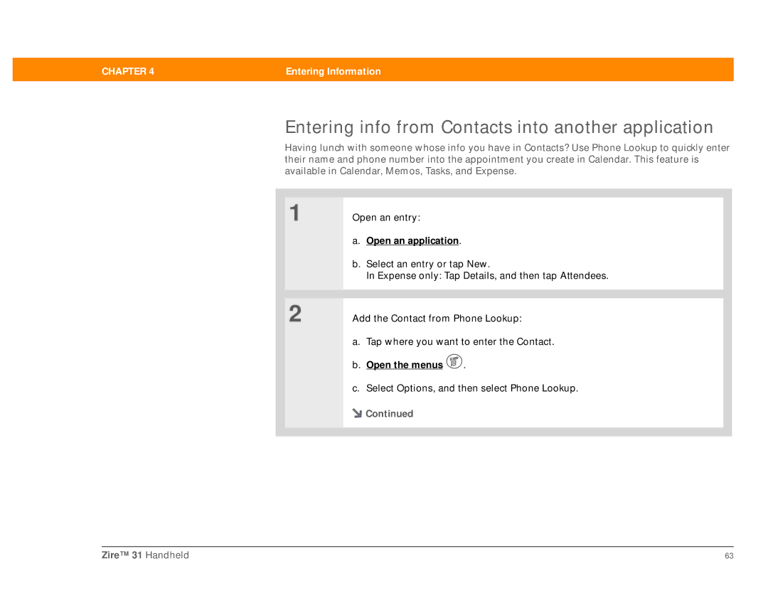 Palm Zire 31 manual Entering info from Contacts into another application 