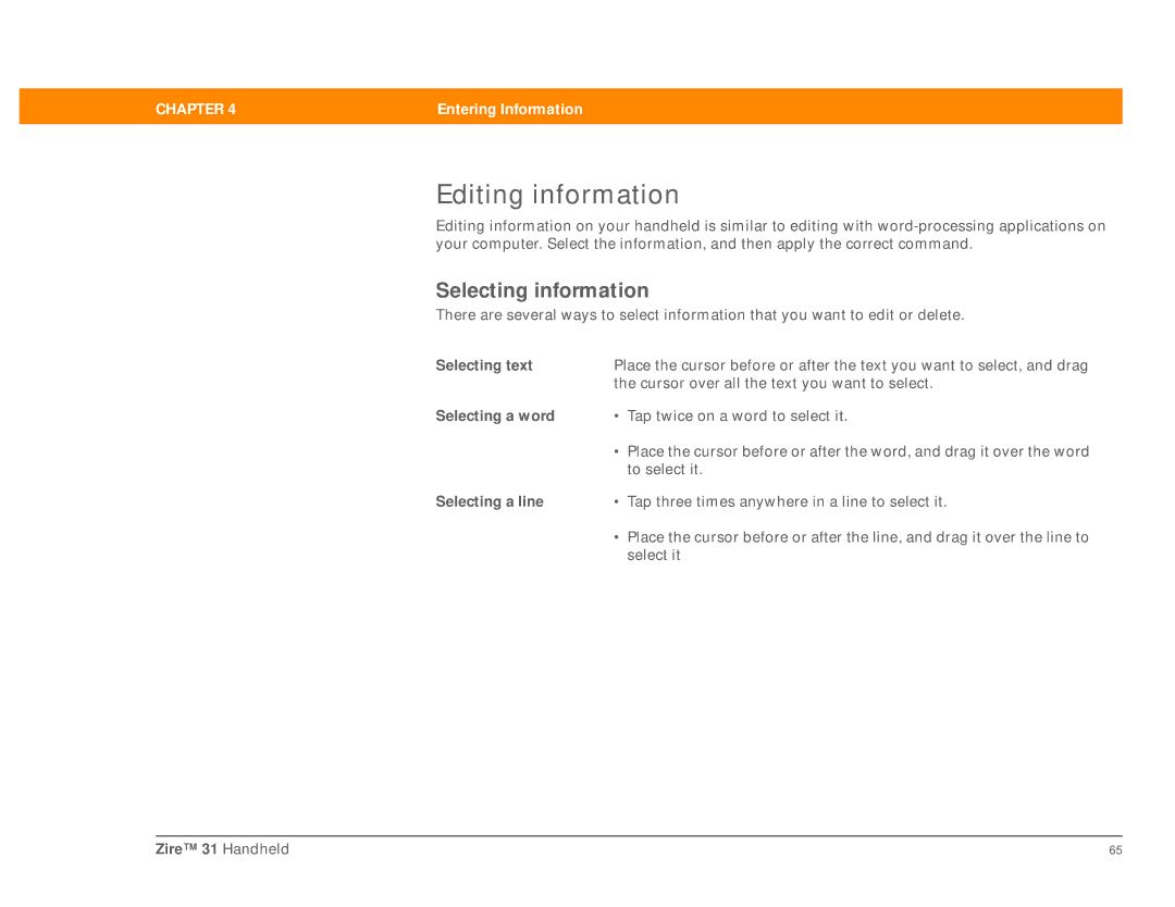 Palm Zire 31 manual Editing information, Selecting information, Selecting text, Selecting a word, Selecting a line 