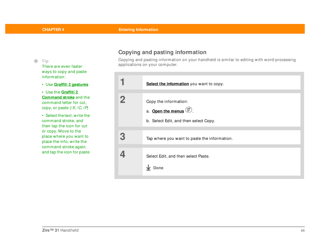 Palm manual Copying and pasting information, Done Zire 31 Handheld 