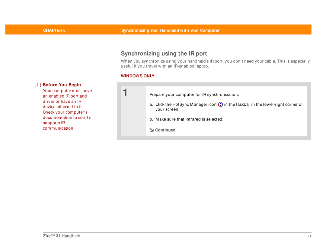 Palm Zire 31 manual Synchronizing using the IR port 