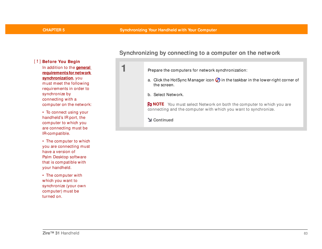 Palm Zire 31 manual Synchronizing by connecting to a computer on the network 